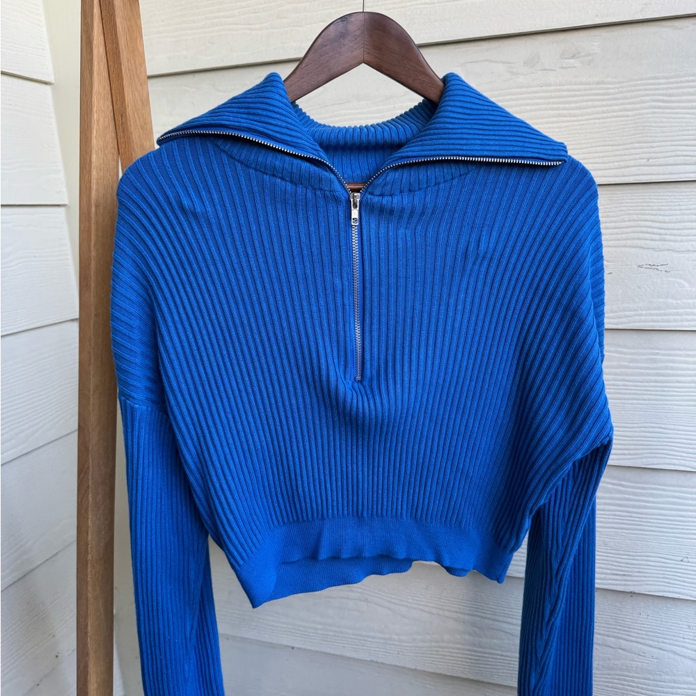 Blue Ribbed Half-Zip Women's Top - Cotton On